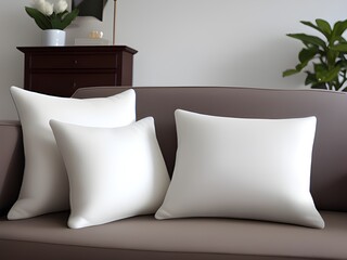 modern comfortable white pillows on table with soft sofa and black background and copy space for text.