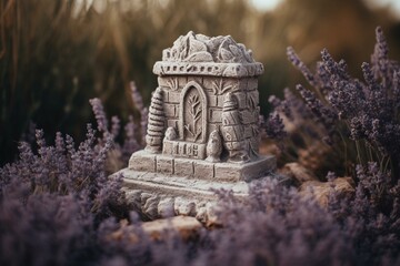 Dry lavender decorates stone monuments amidst alternative medicine practices like Reiki, crystal magic, and Wicca. Generative AI