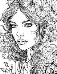 Girls portraits for coloring book. Generative AI