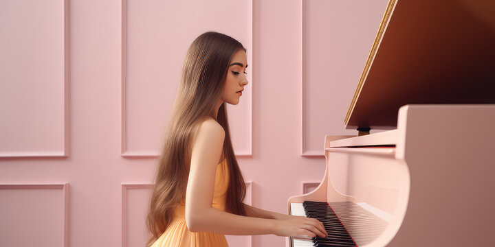 A young girl with long brown hair plays the classical black piano. Pastel colors, copy space, pink background. Side view. Generative AI professional photo imitation. School music studio banner 