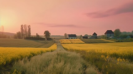Fototapeta premium Beautiful local farm with sunset in the countryside field. Generative AI