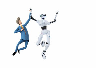 Businessman and robot jumping up as symbol of success. 3D rendering illustration