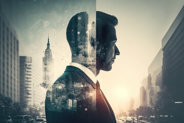 Double exposure image of business person on modern city background. Ai generative.