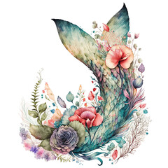 Mermaid tail with Flower wreath Sublimation Design. Generative AI.