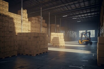 Smart warehouse with palletizing robot arranging cartons. 3D illustration. Generative AI