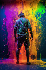Man covered with vibrant paint splatters inside room with walls in colourful inks. Not an actual real person. Digitally generated AI image