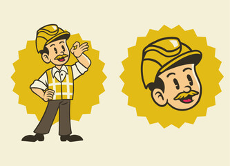 Mascot Character of Construction Worker in Retro Vintage Style