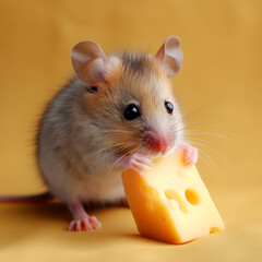 Close up on little mouse and cheese created with Generative AI technology.