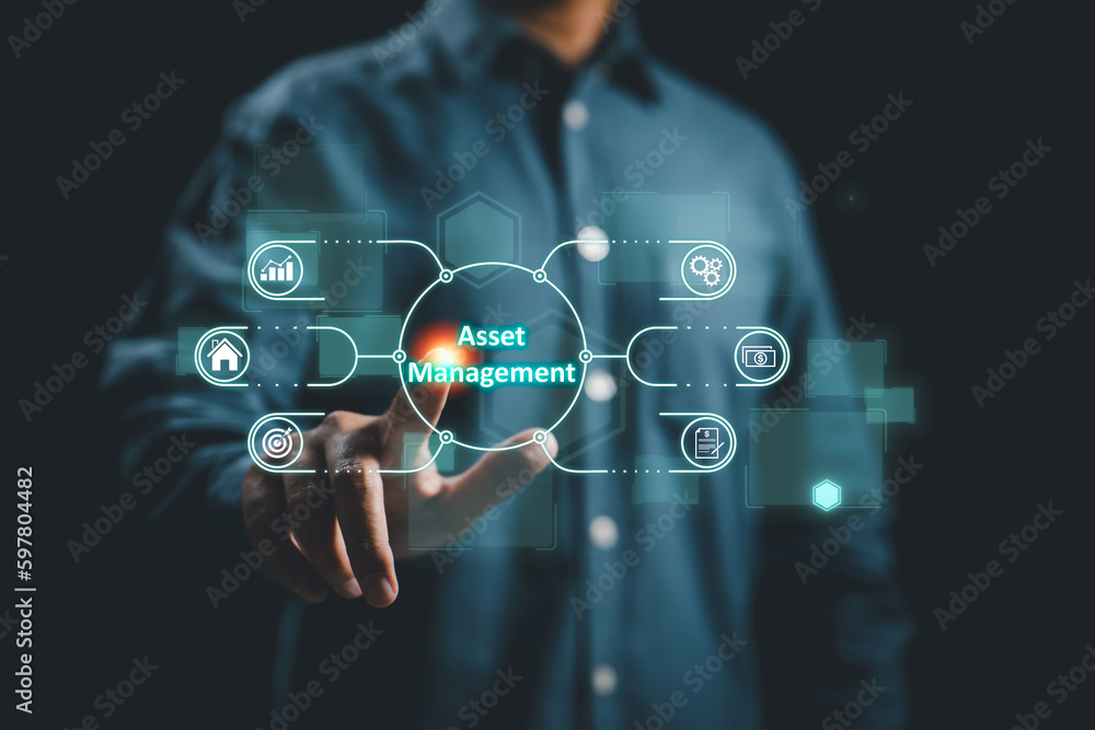 Poster Concept of asset management in business technology and the internet. This involves the tracking, maintenance, and optimization of various types of assets, including physical and digital resources.