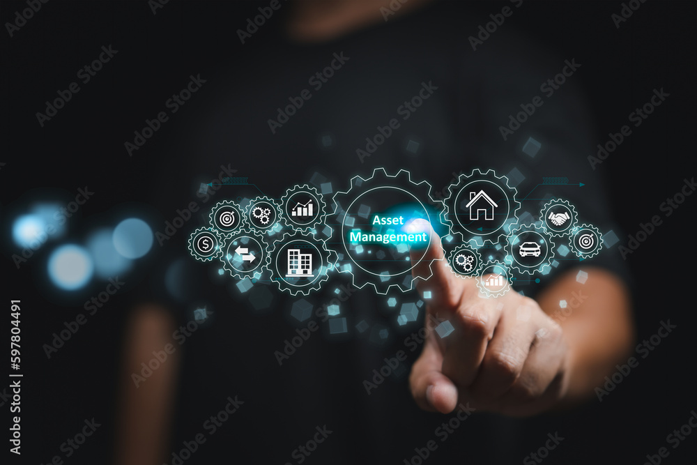 Poster Virtual screen displays an asset management button, representing the use of business technology and the internet to manage and optimize company assets.