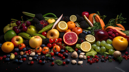 Fresh vegetables, fruits and seeds on black table, flat lay, generative ai