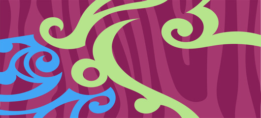 Abstract background with curly swirl decorative ornament on curvy stripes background.