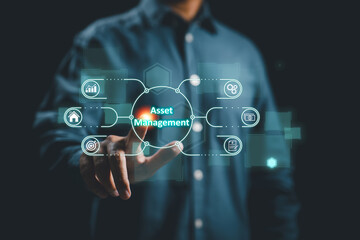 Concept of asset management in business technology and the internet. This involves the tracking, maintenance, and optimization of various types of assets, including physical and digital resources.