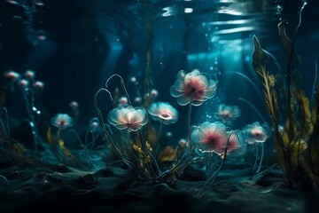 Fantasy bioluminescence flowers. Plants mutations. Underwater plants.