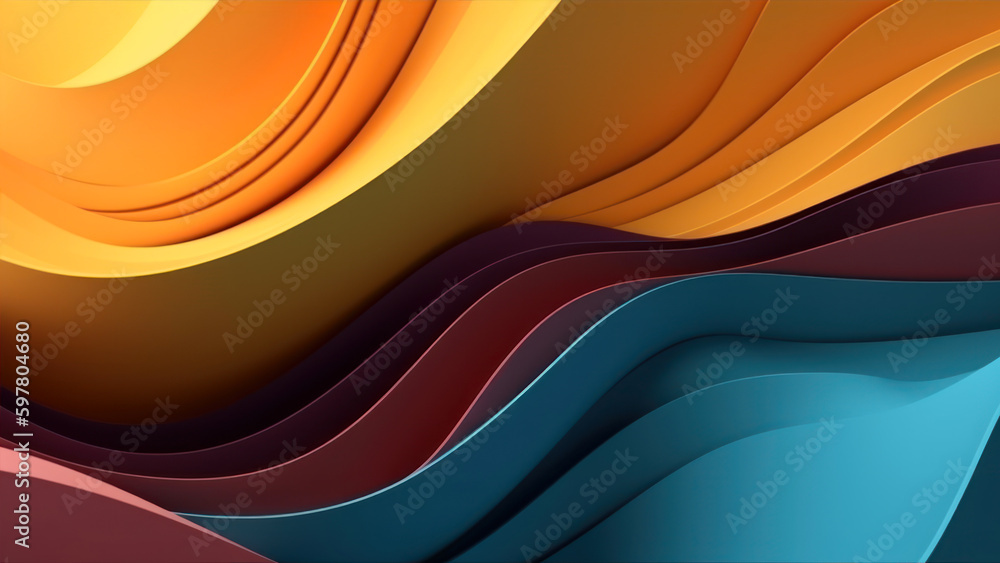 Poster 3d render, abstract background with paper waves, modern wallpaper with color wavy folds generative a