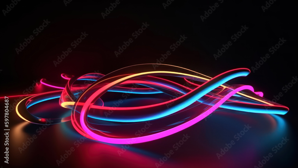 Poster 3d render, abstract colorful background illuminated with colorful neon light. glowing curvy line. si