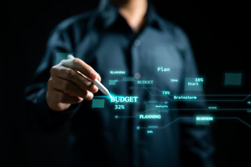 The project manager management skills on a vitual sreen, utilizing icons for planning tasks, setting schedules and deliverables, budgeting, and developing team work strategies.