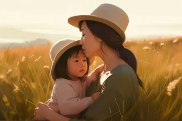 mother with her child, field background. Generative Ai.