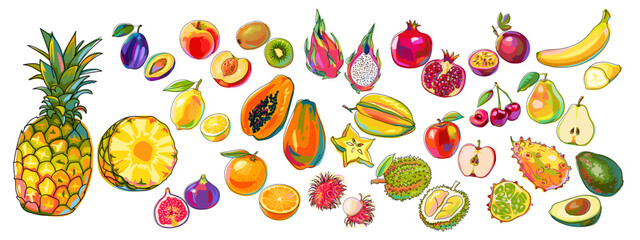 Set of colorful fruits. Pineapple, lemon, orange, fig, peach, papaya, pear, banana, plum, kiwi, rambutan, kiwano, passion fruit, avocado, cherry and others. Cartoon style isolated on white. Vector.