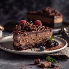 Chocolate cheesecake decorated with berries, fruits, nuts and chocolate icing. Generative AI.