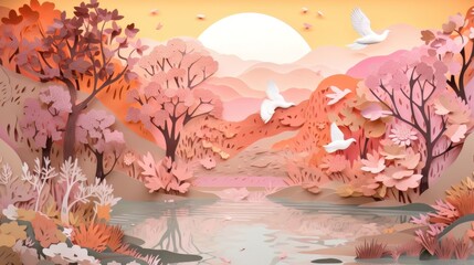 Autumn nature, landscape art paper cut. Generative AI