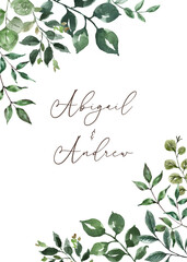 The green foliage border features painted watercolor green leaves, forest plants, and a rectangle frame. Botanical illustration. PNG clipart.