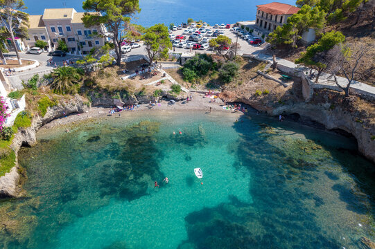 aerial view of the beautiful Assos village in kefalonia island, ionian, west Greece.