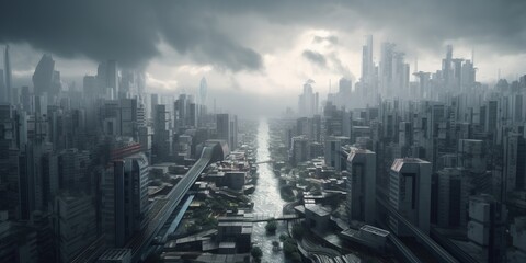 Fantastic city of the future against a background of clouds. Gray skyscrapers against a background of clouds. Black and white overcast metropolis, post-apocalyptic. Generated by AI.