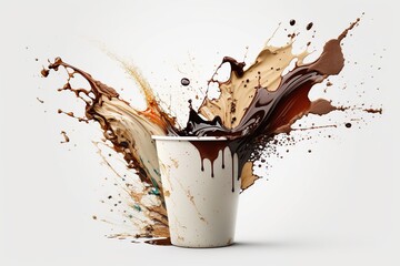 Coffee paper cup, splash and splatter. Burst of brown liquid, drips. Abstract illustration on white background. AI generated.
