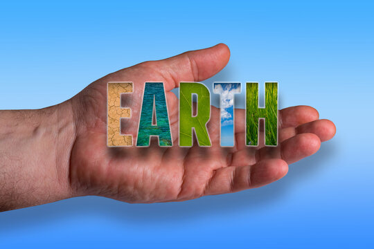 Open male hand, word Earth filled with images of desert, sea, leaf texture, sky with clouds and grass. Light blue gradient background