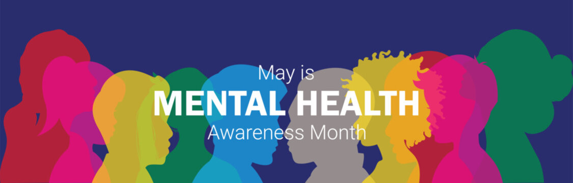 Mental Health Awareness Month design which is celebrated in May. It features colorful silhouette of people on a dark blue background. Vector illustration