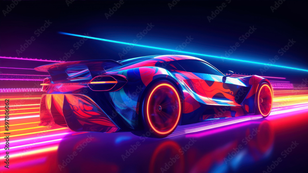 Poster 3d rendering of a sports car in neon light on a dark background generative ai