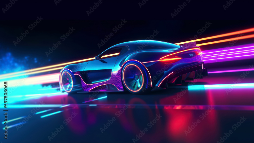 Poster 3d rendering of a sports car with neon lights on a dark background generative ai