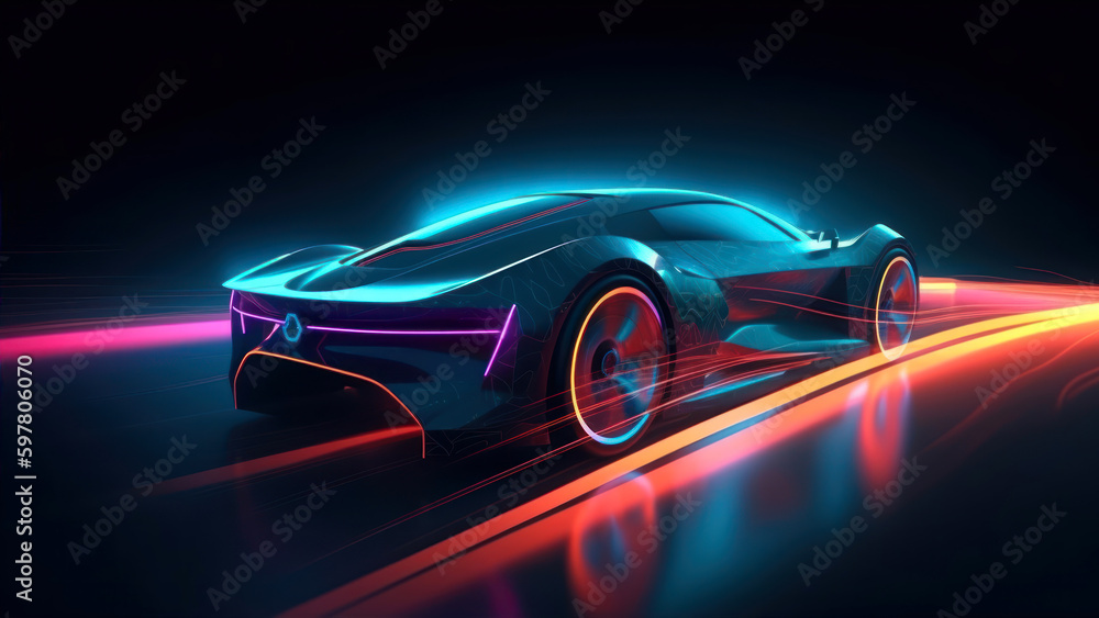 Poster 3d rendering of a sports car with neon lights on a dark background generative ai