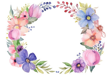 Fototapeta na wymiar Festive floral composition, top view. Circle frame made of flowers on white background, flat lay style. Wallpaper banner with copy space. Created with Generative AI