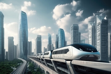 Futuristic public transport. Modern high speed train in city. Technological transport in the future. Created with Generative AI