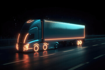 Futuristic cargo truck on highway at night. Glowing truck with trailer. Shipment and logistick concept. Created with Generative AI