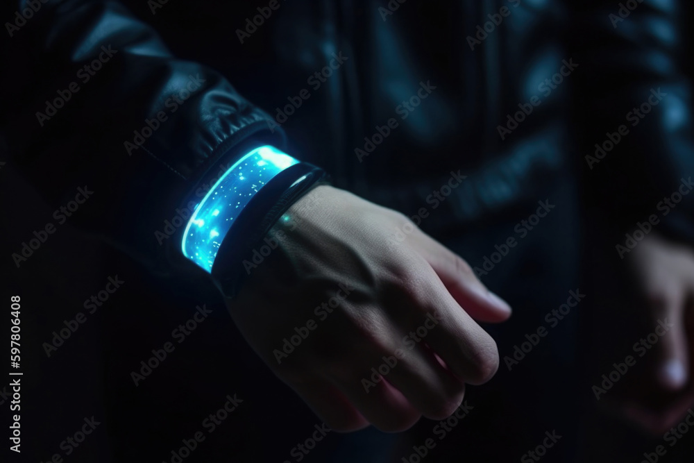 Poster futuristic smart device with glowing hologram display on human hand. virtual reality technology in r