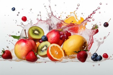 Fototapeta na wymiar Colorful fruits splatter on white, falling into liquid. Generative AI