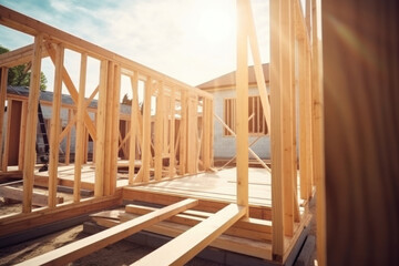 New house under construction. Wooden frame with truss, post and beams. Manufacture of houses made of wood. Created with Generative AI