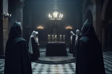 Secret society ceremony, people in hoods praying together. Members of sect perform the ritual in dark hall. Dark Religion and magical Occultism. Created with Generative AI - obrazy, fototapety, plakaty