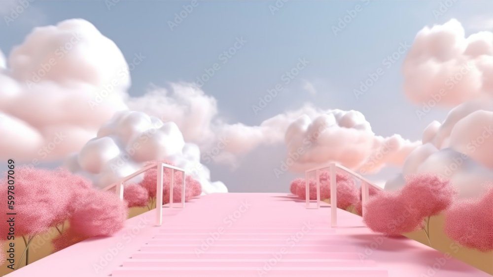 Poster 3d rendering of pink stairs leading to the sky with white clouds generative ai