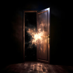 Open doors. Abstract light. Night view, magic fantasy created with Generative AI technology.