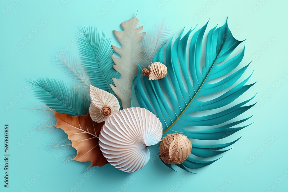 Poster light blue background with palm leaves and shells. generative ai
