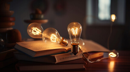 Light bulbs and books. Concept of reading books, knowledge, and searching for new ideas. Innovation and inspiration, Creativity with twinkling lights, the inspiration of ideas, generative ai