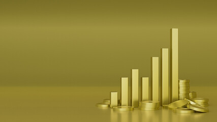 Gold metal symbol of bars chart with seven columns and gold coins on the floor. 3D rendering with blurry reflection on the floor with gold background.
