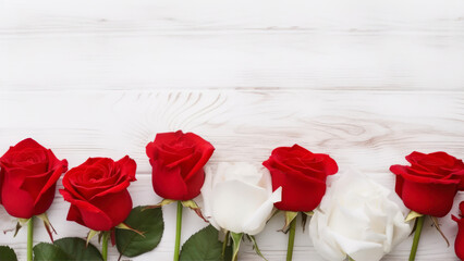 Fototapeta na wymiar white wooden background with red roses top view generative ai
