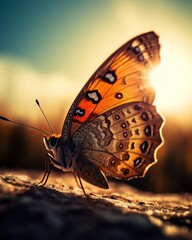 Beautiful butterfly glows in the summer sunlight with rays of the golden sun., macro and artistic image of living wildlife