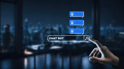 Chatbot with AI (Artificial Intelligence), search engine, businessman interacting connection to AI,...
