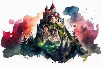 castle on top of mountain in aquarelle style, ai generated